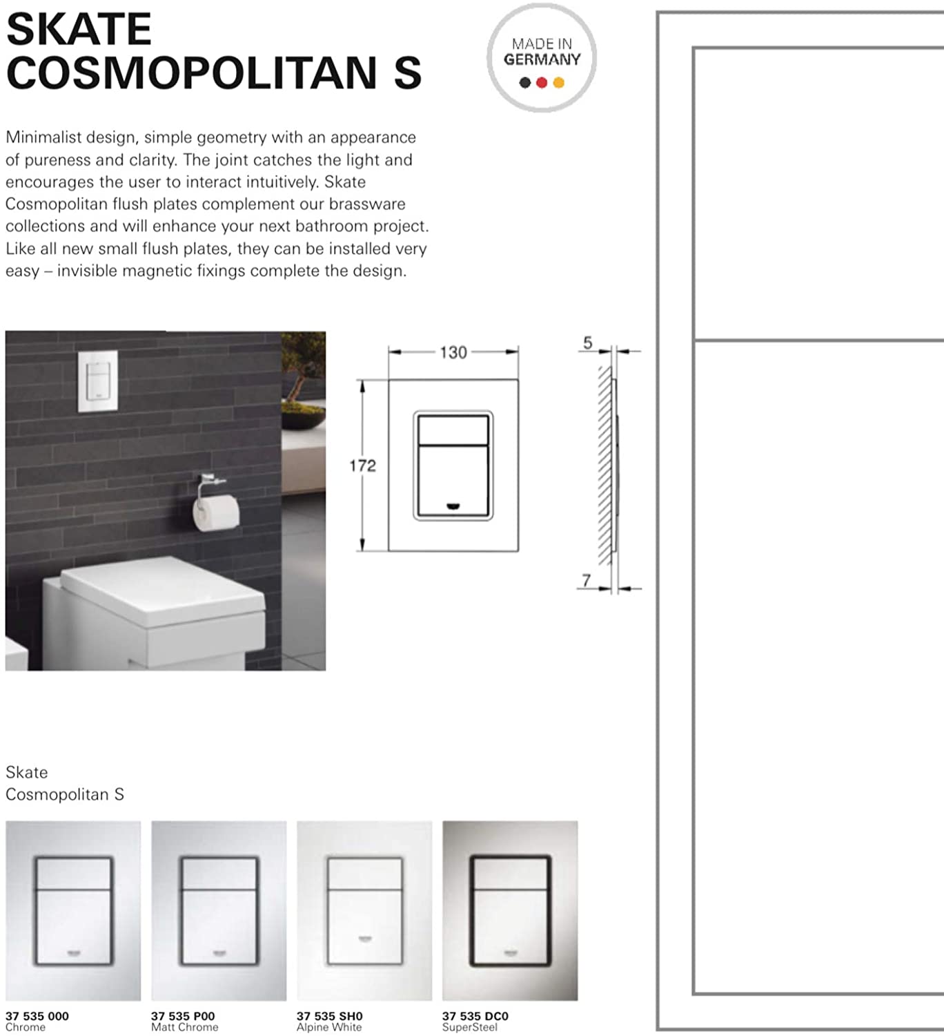 GROHE Skate Cosmopolitan S | Toilet Flush Plate | Small 130 x 172 mm | Alpine White | 37601SH0