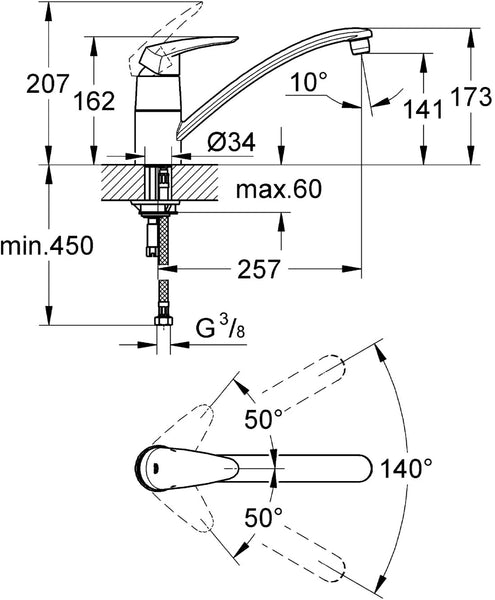 GROHE Eurodisc Kitchen Tap, 140 Degree Swivel Range