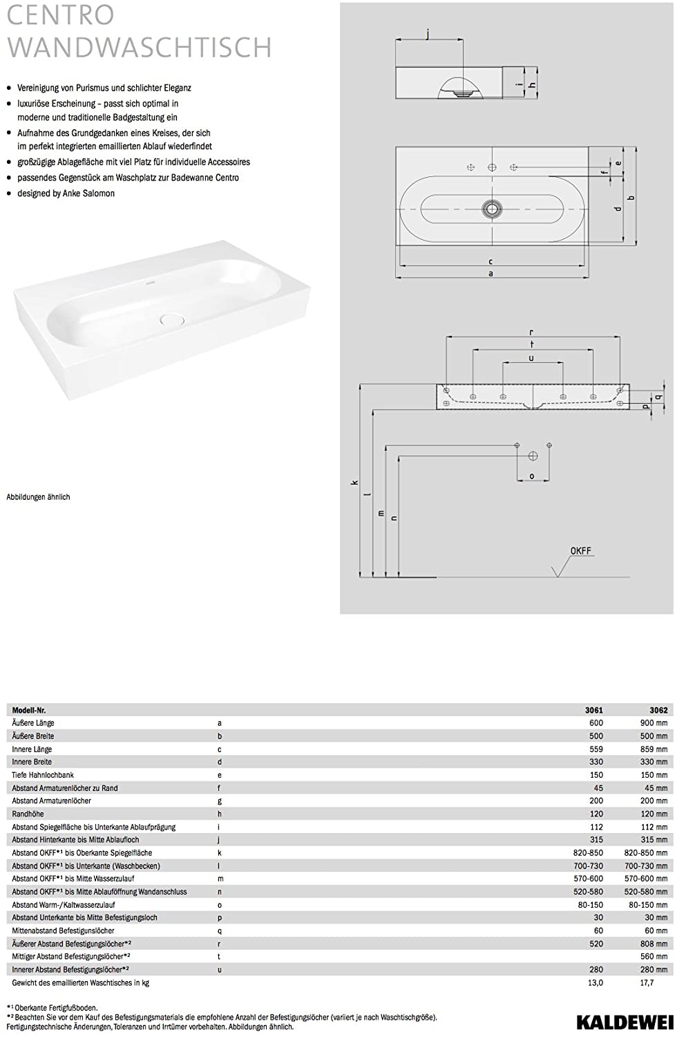 Centro Wall-Mounted Washbasin 3061åÊ600X500X120åÊKaldewei with 1åÊTap Hole