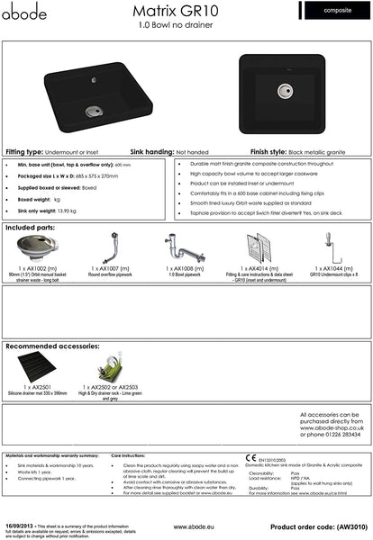 Abode Matrix GR10 1.0 BLACK Bowl Granite Sink - AW3010