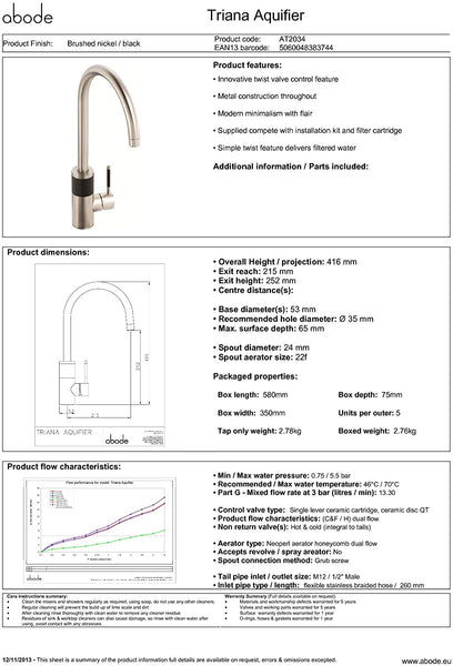 Abode TRIANA AQUIFIER Water Filter Tap in BRUSHED NICKEL - AT2034