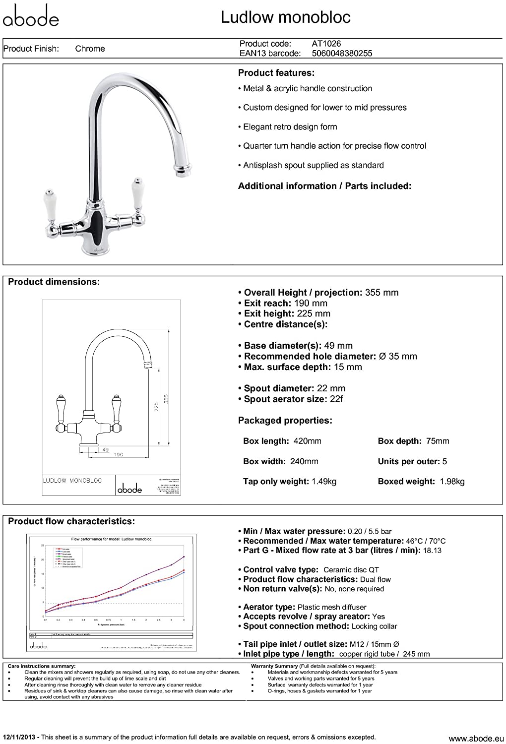 Abode LUDLOW Monobloc Tap in CHROME - AT1026