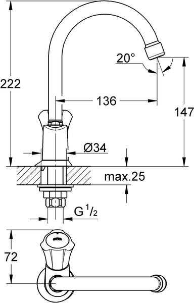 Grohe Costa 20393001 Pillar Tap with Pivotable Spout DN 15 Chrome