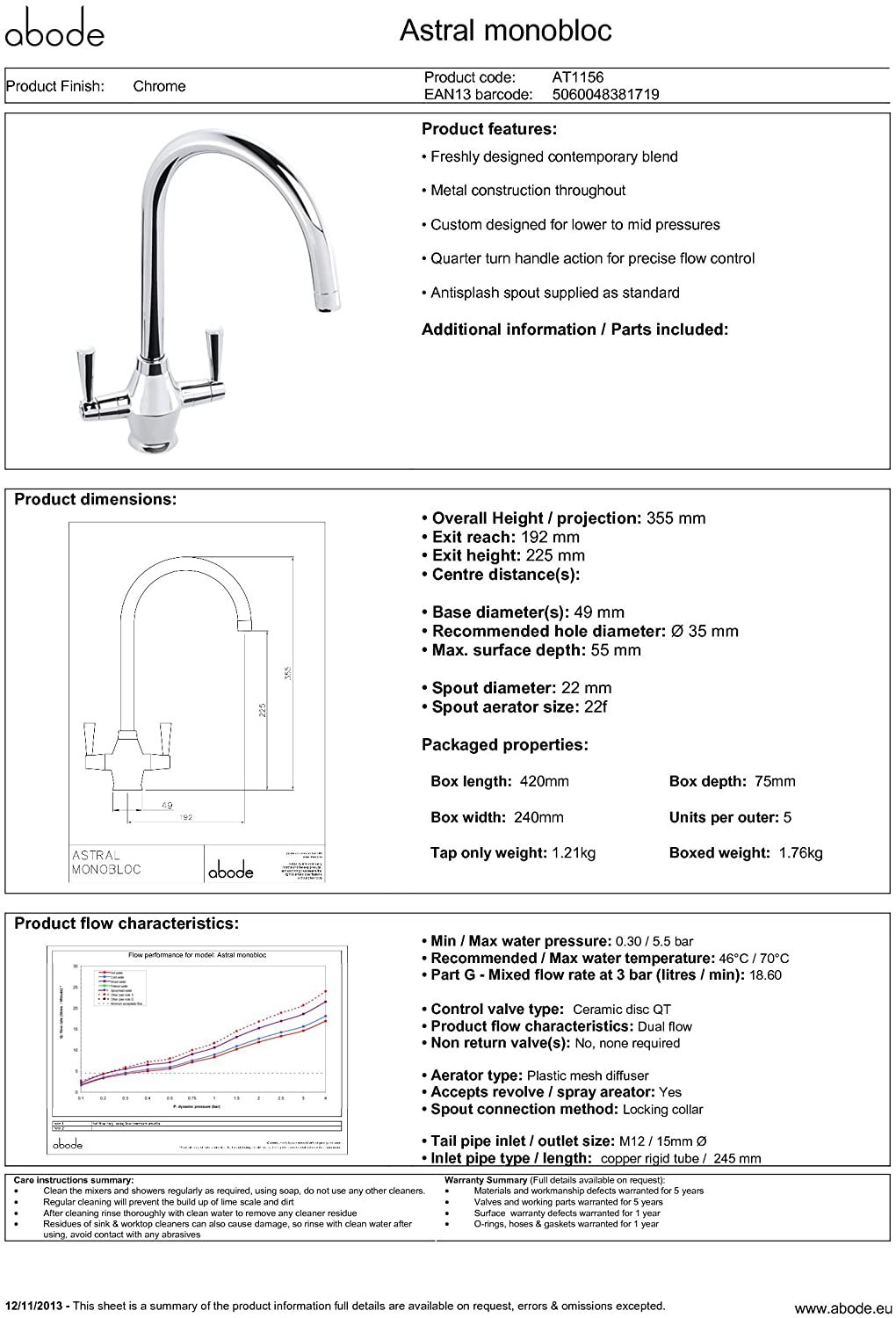 Abode ASTRAL Monobloc Tap in CHROME - AT1156