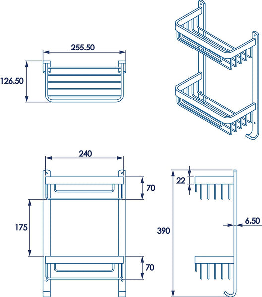 Croydex Aluminium Large Two Tier Basket, Metal, Chrome, 12.5x25.5x39 cm