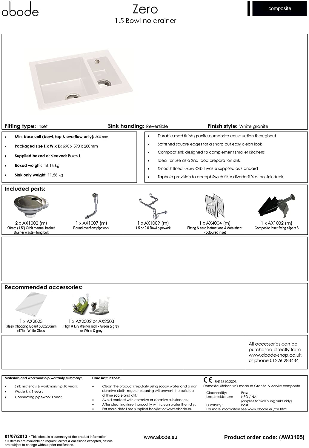 Abode Zero 1.5 Bowl WHITE Granite Sink Without Drainer - AW3105