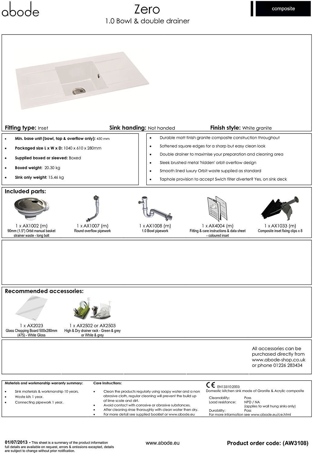 Abode Zero 1.0 Bowl Double Drainer WHITE Granite Sink - AW3108