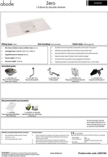 Abode Zero 1.0 Bowl Double Drainer WHITE Granite Sink - AW3108