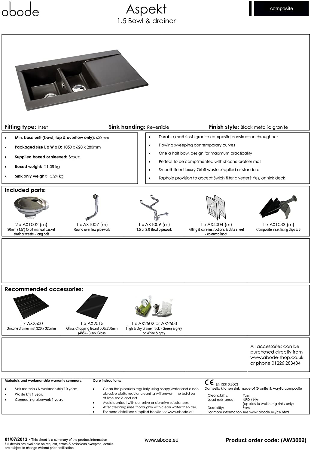 Abode Aspekt 1.5 Bowl BLACK Granite Sink - AW3002