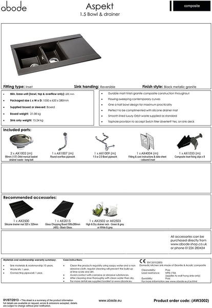 Abode Aspekt 1.5 Bowl BLACK Granite Sink - AW3002