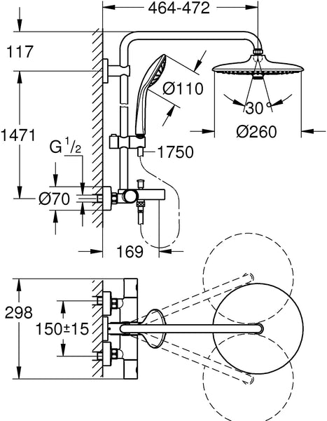 GROHE 27475001 Euphoria 260 Thermostatic Shower System with Diverter, Chrome