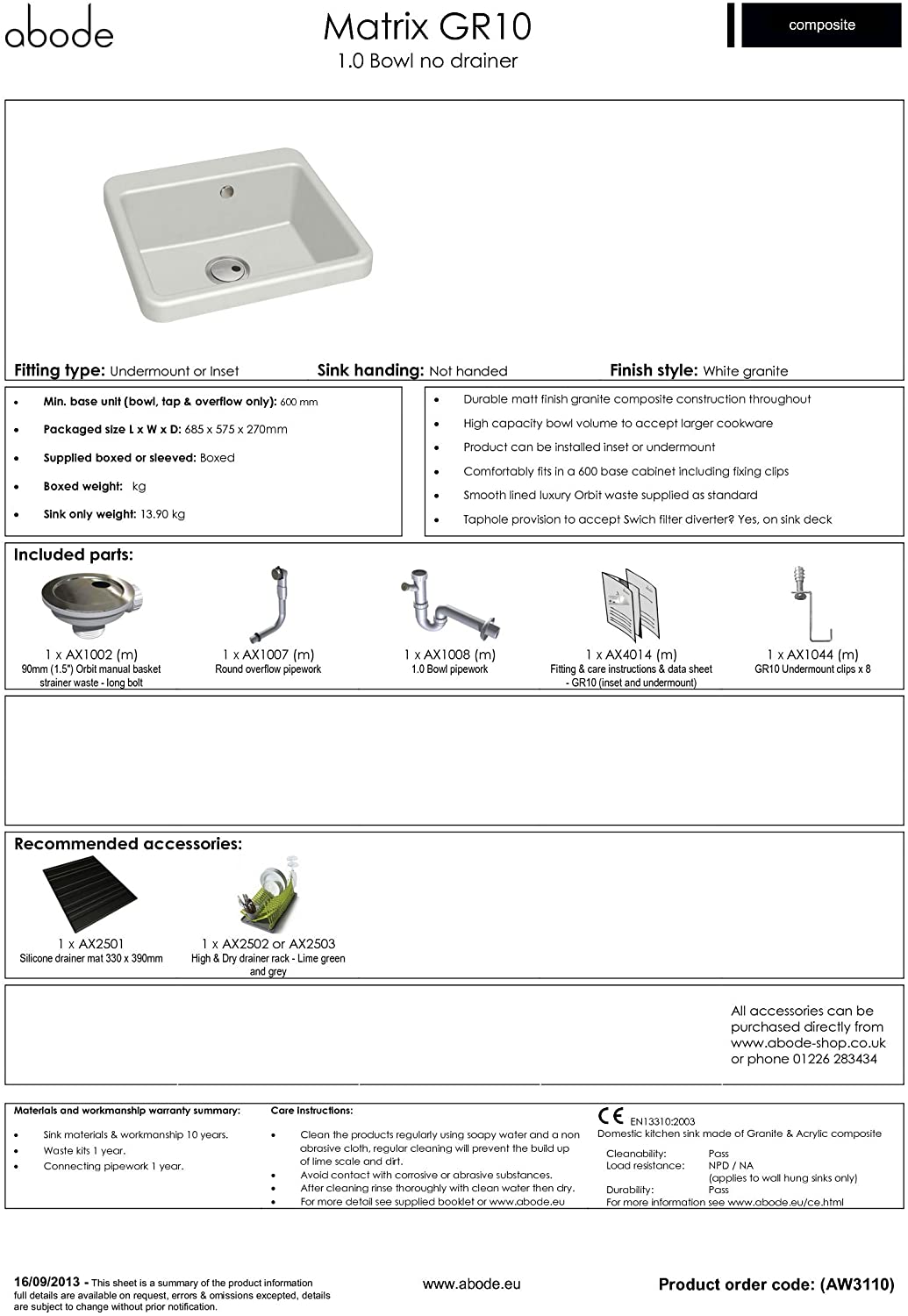 Abode Matrix GR10 1.0 Bowl WHITE Granite Sink - AW3110