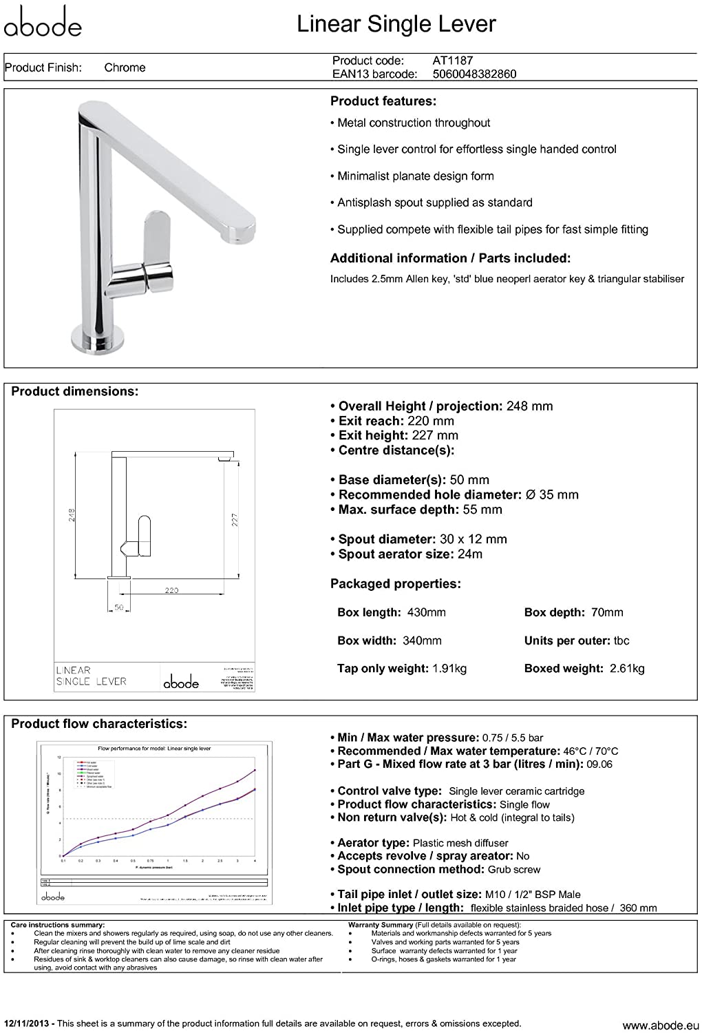 Abode LINEAR Single Lever Monobloc Tap - AT1187