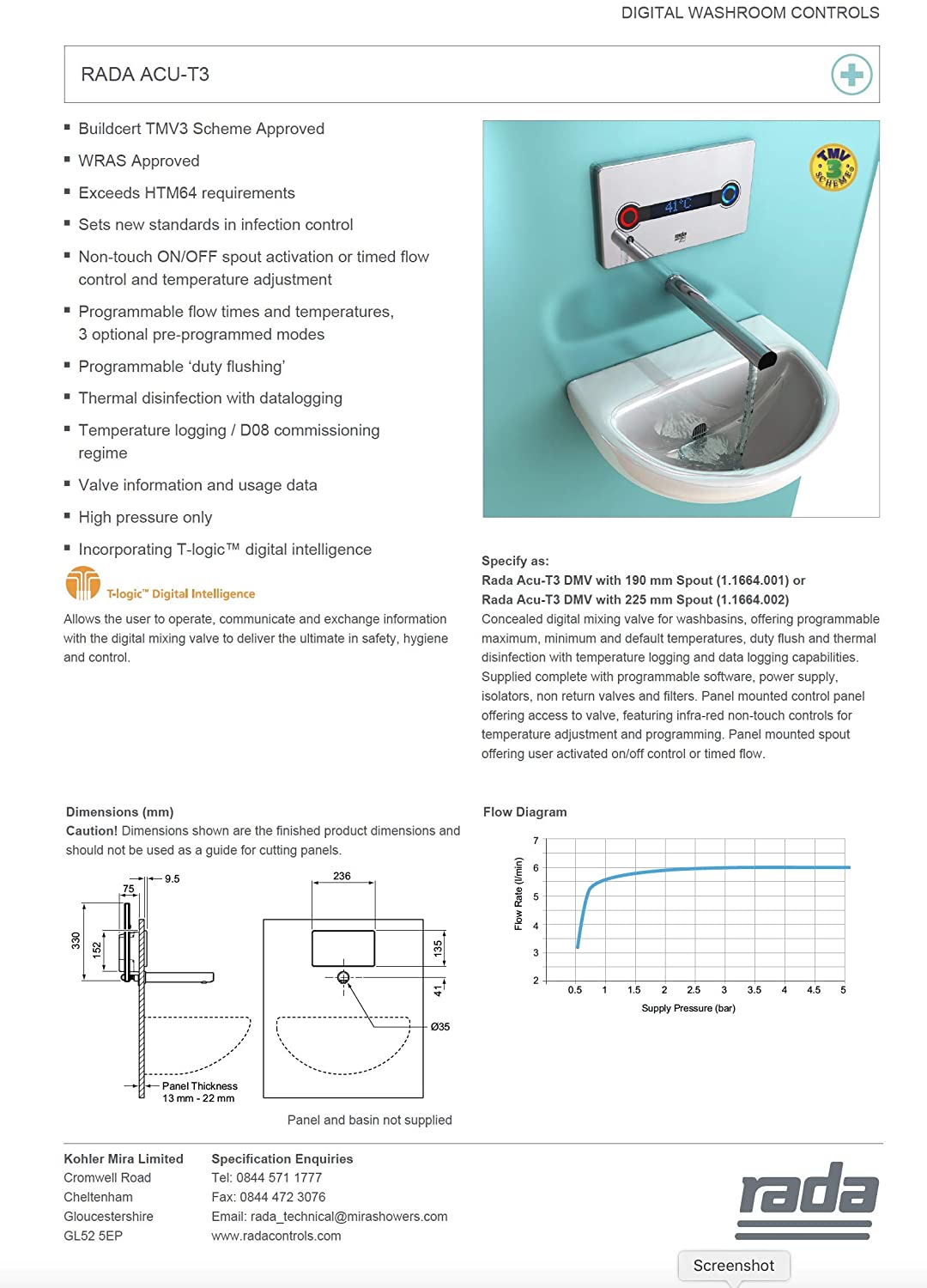 Rada 1.1664.002 Chrome Acu-T3 Touch Free Basin Tap with 225 mm Spout,