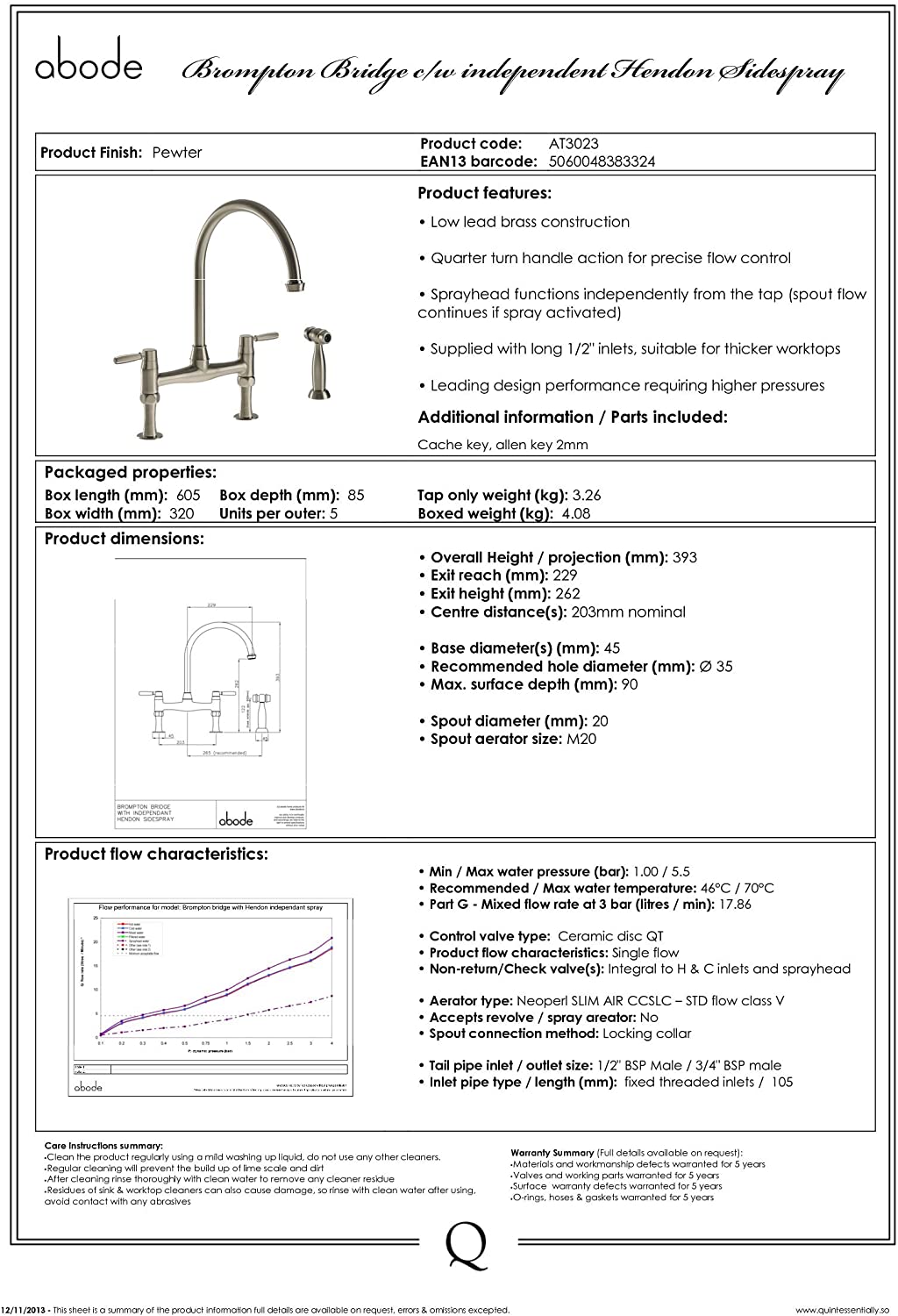 Abode BROMPTON Bridge Tap With Handspray - AT3023