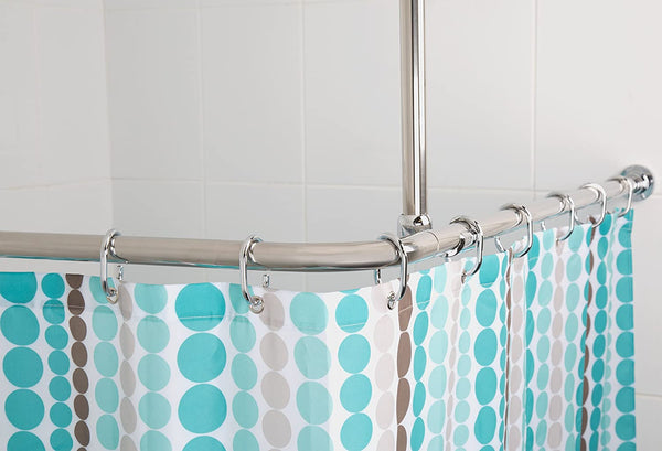 Croydex Superline Stainless Steel Modular Shower Rod Kit with Ceiling Support and Curtain Rings Can Be Fitted L-Shaped, Large L-Shaped, U-Shaped or Straight
