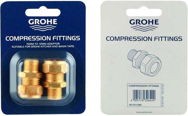 Grohe 46914000 46914000-15mm x 3/8 UK Compression Fittings/Adapter Kitchen and Bathroom Mixer taps, Chrome, Set of 2 Pieces