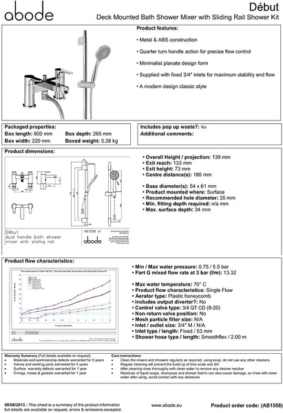 Abode DEBUT Deluxe Deck Mounted Bath Shower Mixer with Sliding Rail Kit - AB1558