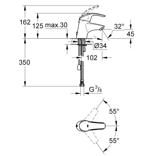 Grohe Eurosmart Basin Mixer Tap With Retractable Chain 1/2" S-Size (Product Code: 33284001)
