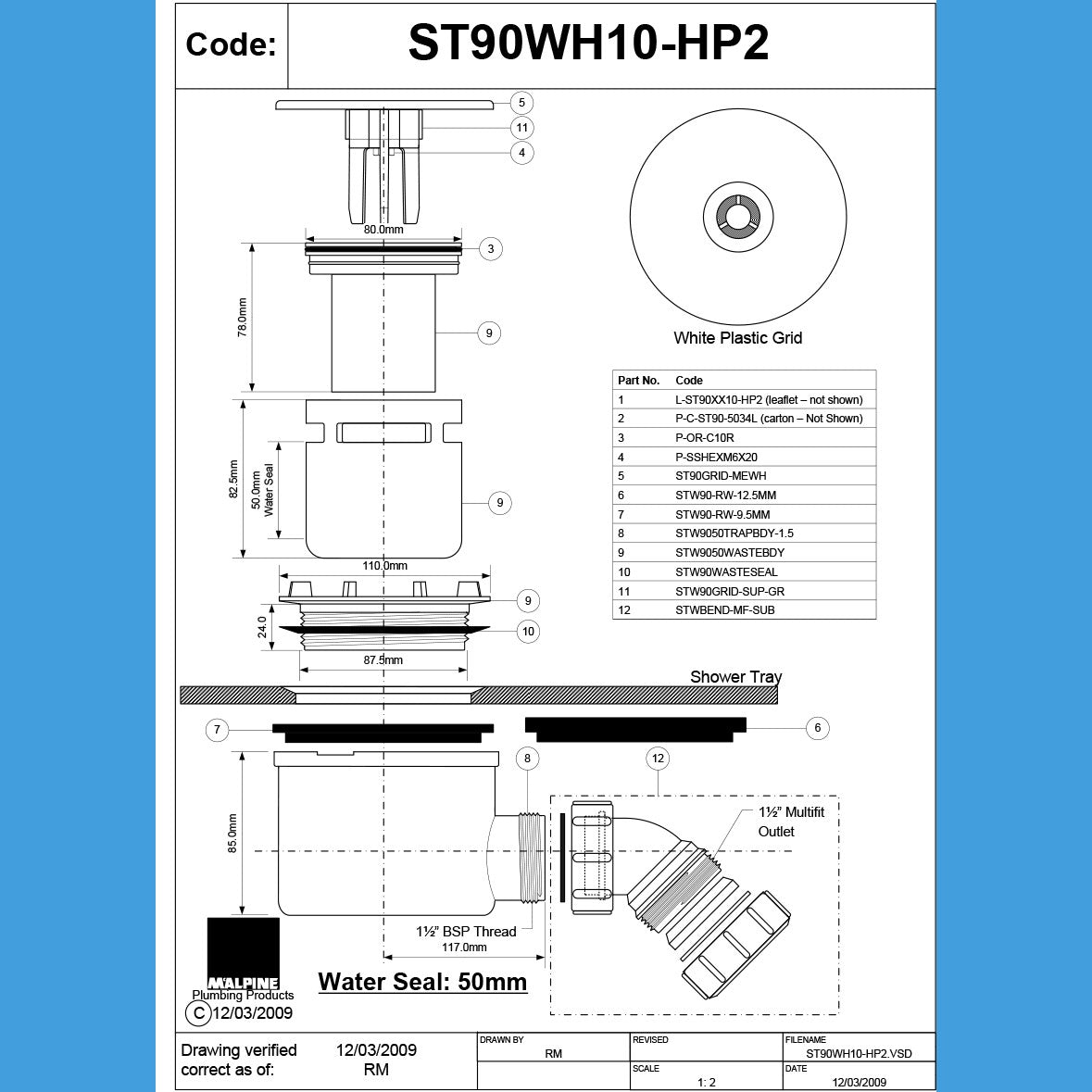 McAlpine 90mm White Shower Trap ST90WH10 (Product Code: 86160010)
