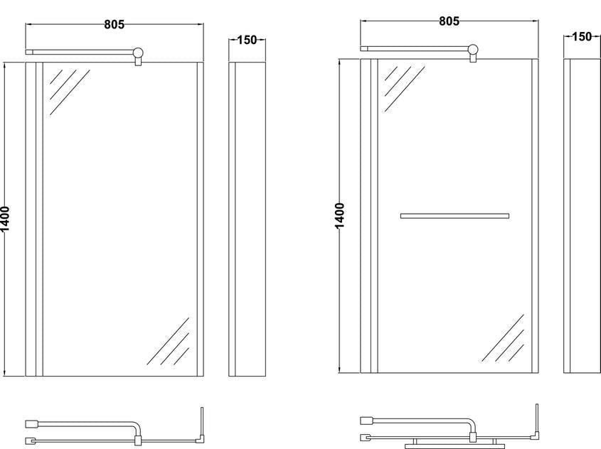 NUIE Polished Chrome Square P-Shaped Bath Screen (Various options)