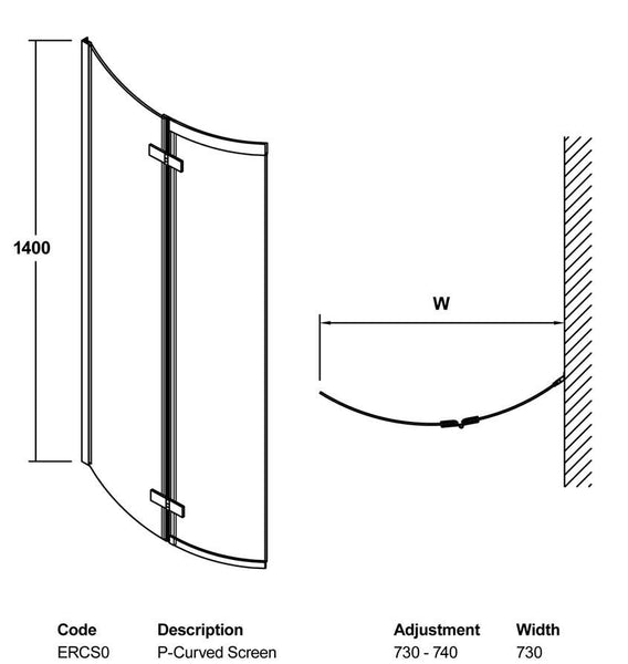 Satin Chrome Curved P-Shaped Bath Screen (Product Code: ERCS0)