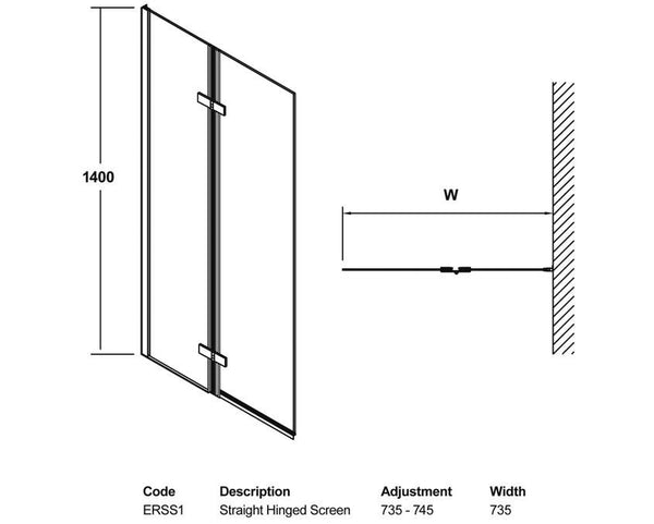 Satin Chrome Square Bath Screen, Hinges Centrally (Product Code: ERSS1)