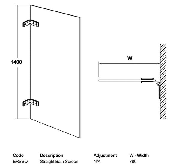Satin Chrome Square Bath Screen, Hinges from the Wall (Product Code ERSSQ)